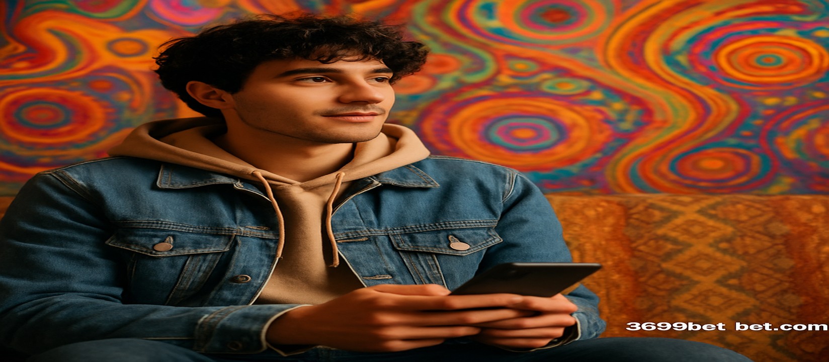 ডেনিম জ্যাকেট পরা এক ব্যক্তি সোফায় বসে হাতে একটি ফোন নিয়ে 3666bet অ্যাপে গেম খেলছেন।