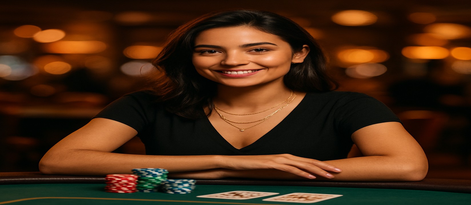 3666bet-এ একটি হাসিখুশি নারী খেলার টেবিলের সামনে খেলার সামগ্রীসহ দাঁড়িয়ে আছেন এবং একটি গেমিং প্ল্যাটফর্মে খেলার বিস্তৃত নির্বাচন তুলে ধরেন।