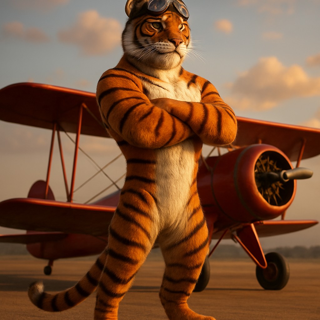 3666bet-এ Aviator গেমটির প্রচারচিত্র হিসেবে একটি বাঘ-চালক লাল পুরোনো বিমানচিহ্নের পাশে দাঁড়িয়ে আছে