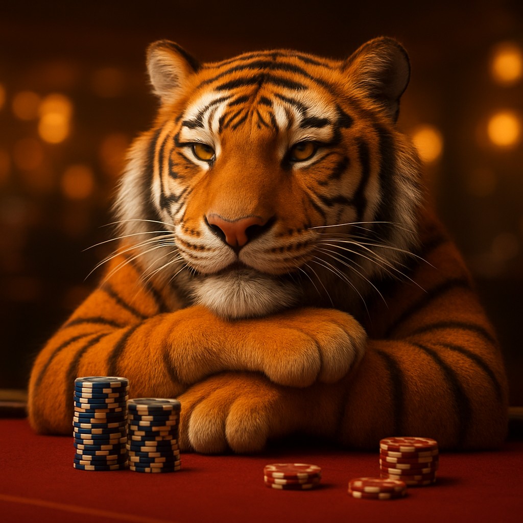 একটি হাসিখুশি বাঘছানাটি 3666bet গেমিং প্ল্যাটফর্মে একটি গেম টেবিলে বসে রয়েছে এবং সেখানে চ Chipস রয়েছে