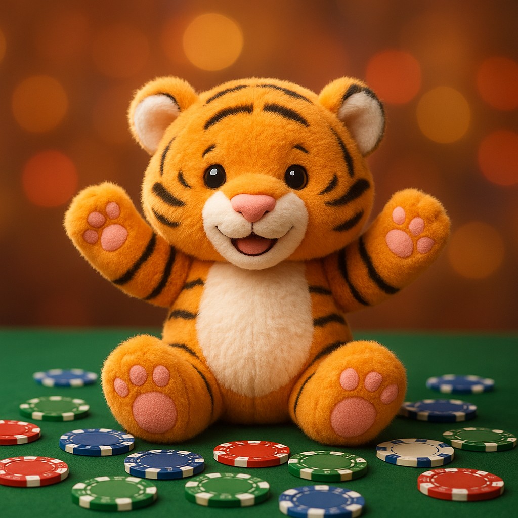 3666bet-এ একটি ছোট বাঘ শাবক একটি টেবিলের ওপর চিপসসহ বসে আছে।