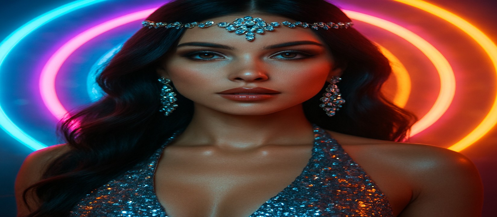 একজন সিকুইন জড়ানো পোশাক পরিহিত নারী একটি উজ্জ্বল রঙের গেমিং প্ল্যাটফর্ম হুইল-এর সামনে পোজ দিচ্ছেন, 3666bet ব্র্যান্ডটির সঙ্গে সামঞ্জস্যপূর্ণ দৃশ্য।