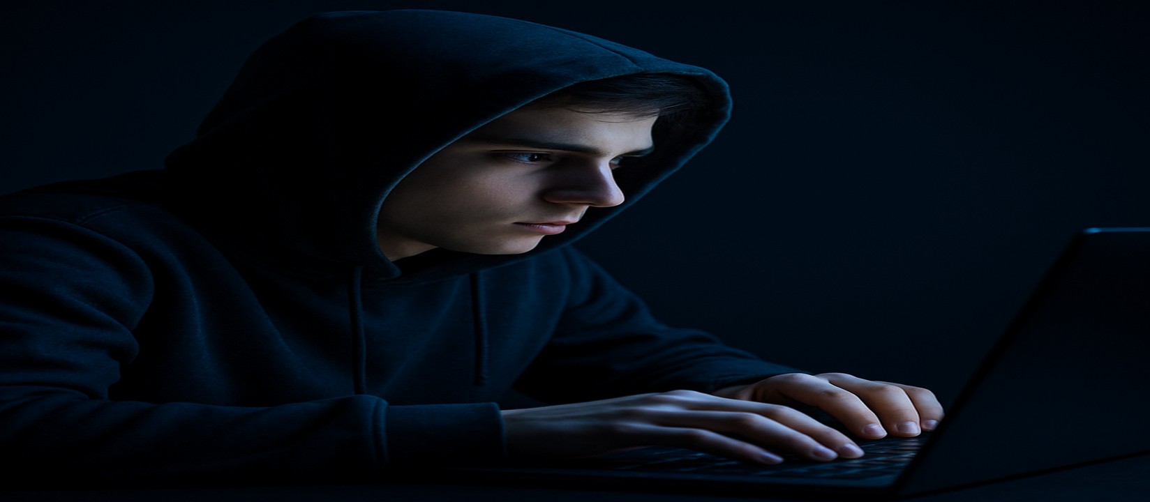 একজন ব্যক্তি অন্ধকারে ল্যাপটপে বসে মনোযোগী মুখভঙ্গিতে 3666bet ওয়েবসাইটে অনলাইন গেমিং করছেন